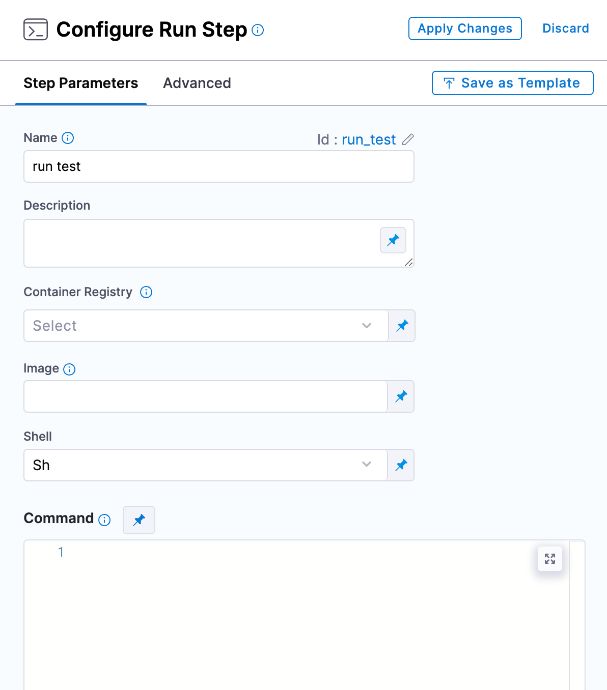 Configure Run Step interface in Harness with step parameters for Name, Container Registry, Image, and Command