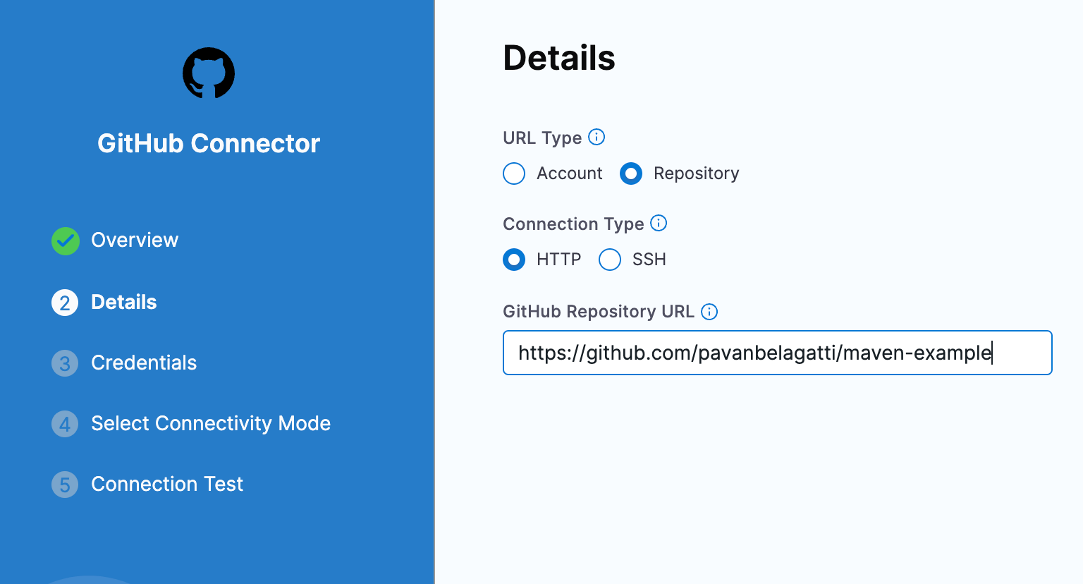 Configuring GitHub Connector details in Harness with Repository URL type, HTTP connection, and repository URL