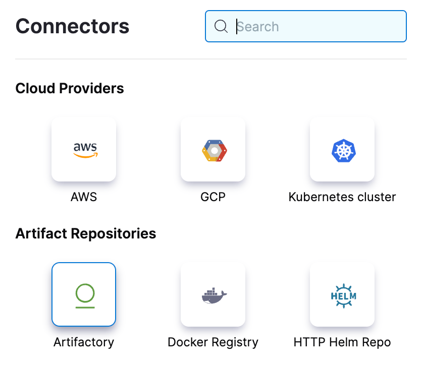 Selecting Artifactory from the Artifact Repositories options in the Harness Connectors menu