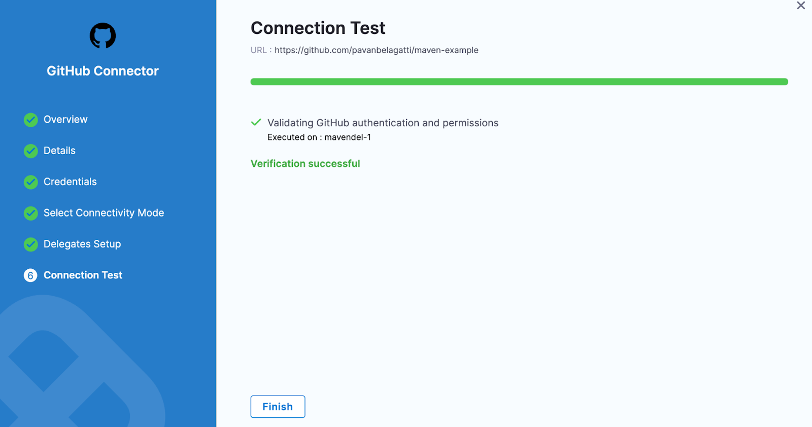 Harness GitHub Connector connection test screen showing a successful verification message