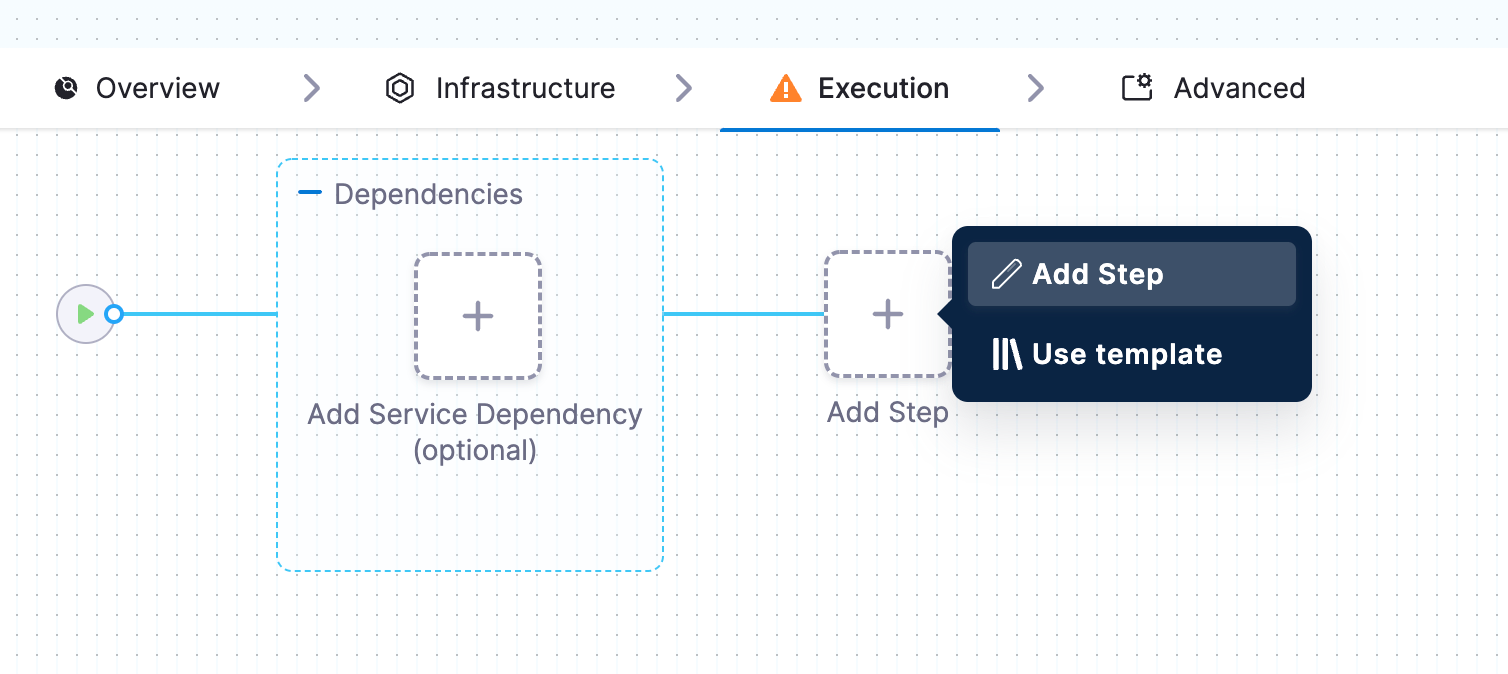 Clicking Add Step in the Execution stage of a Harness pipeline to open the step options menu
