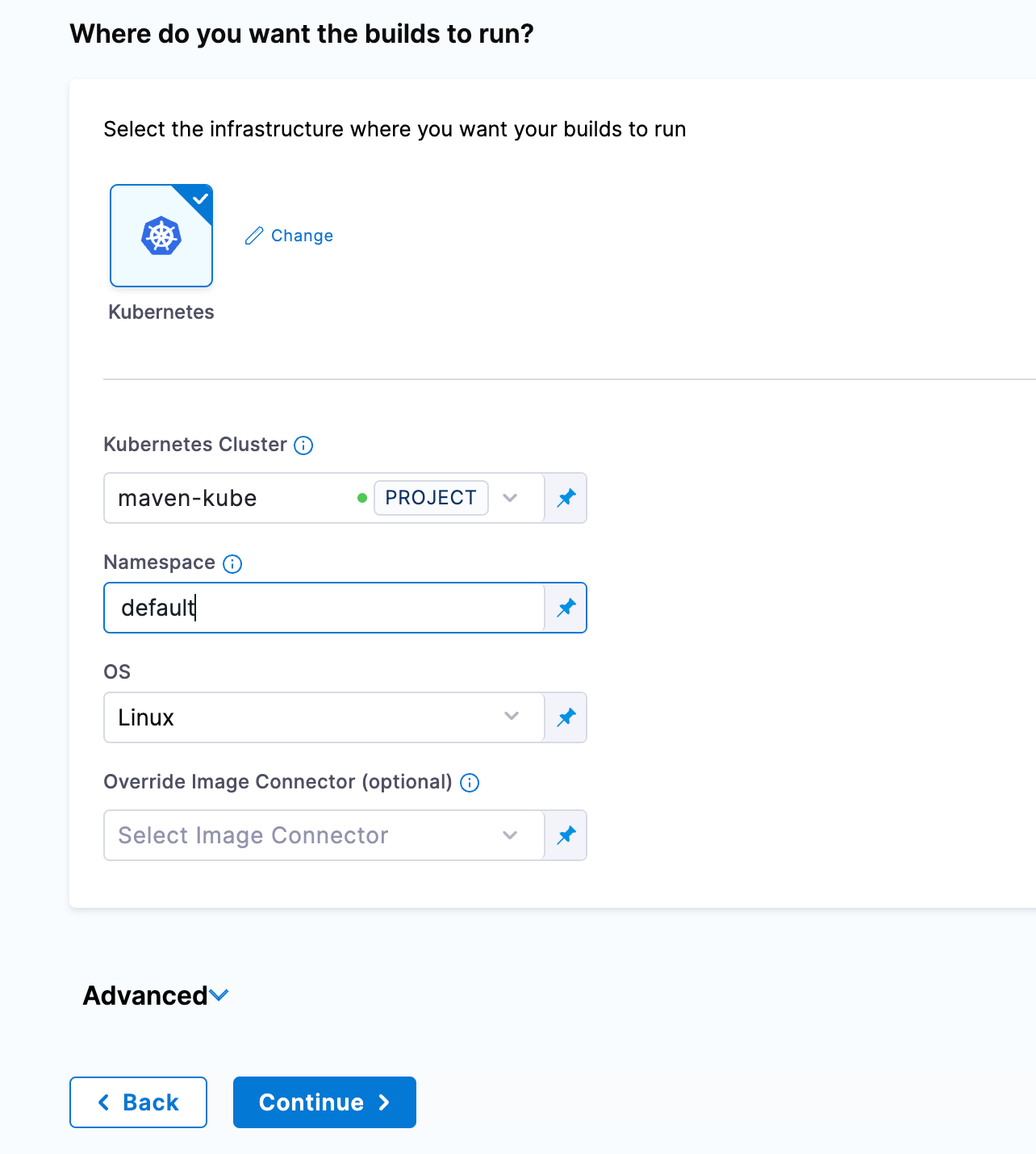 Configuring Kubernetes build infrastructure in Harness with maven-kube cluster and default namespace