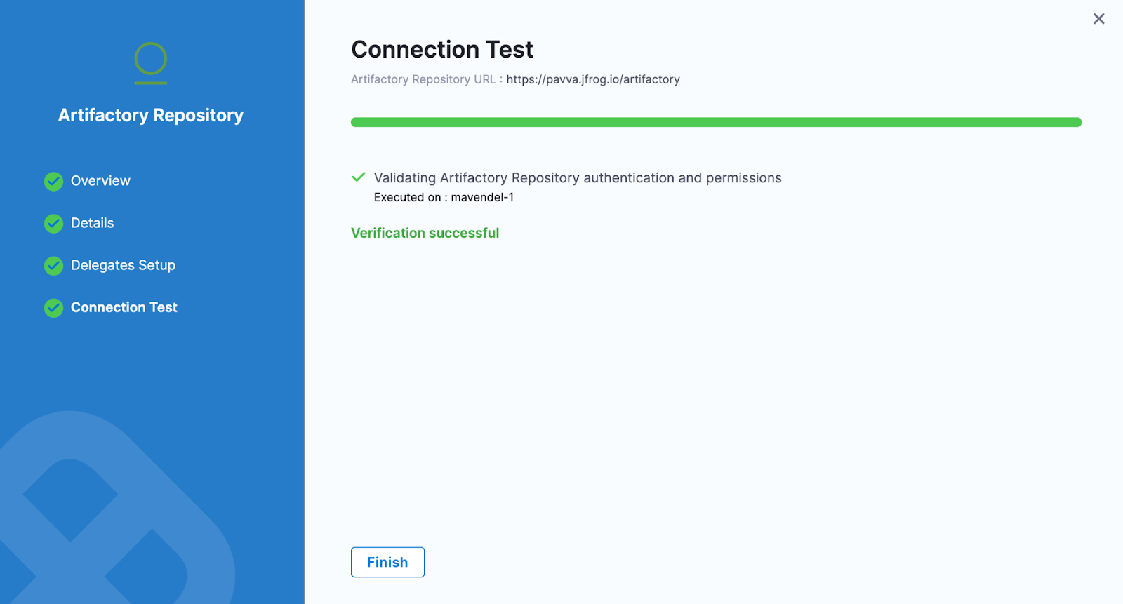 Successful connection test for the Artifactory Repository connector in the Harness UI