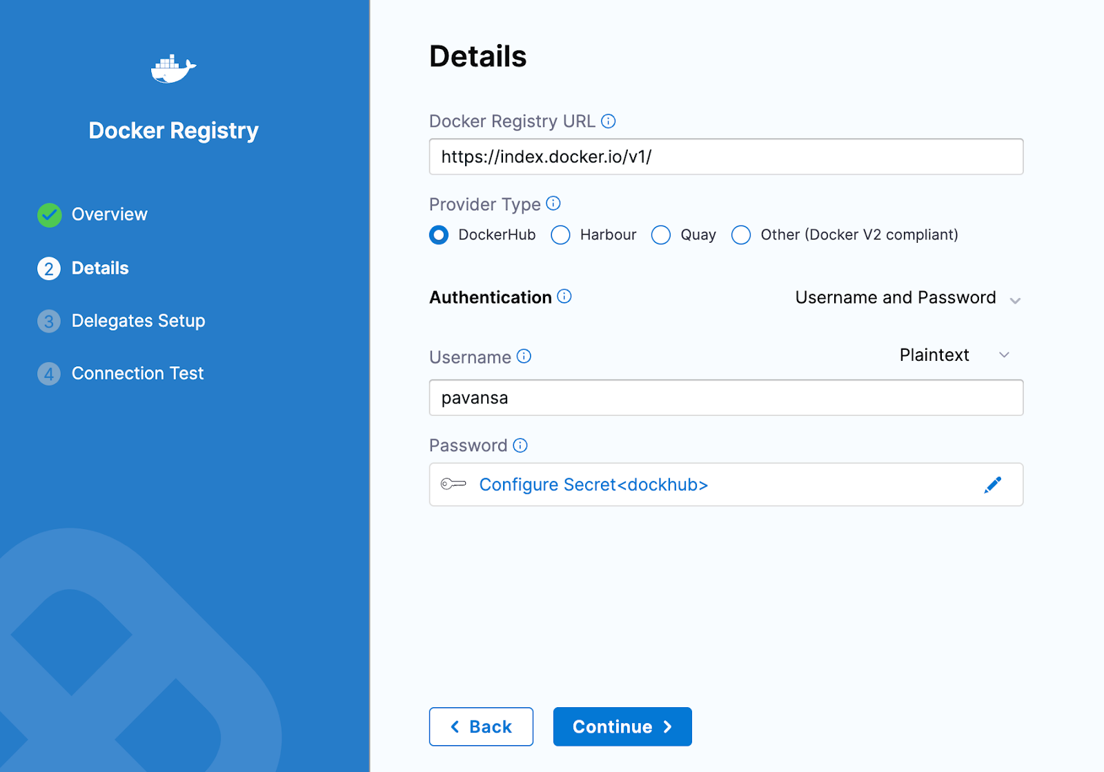Docker Registry connector setup in Harness, showing DockerHub provider type and username credentials