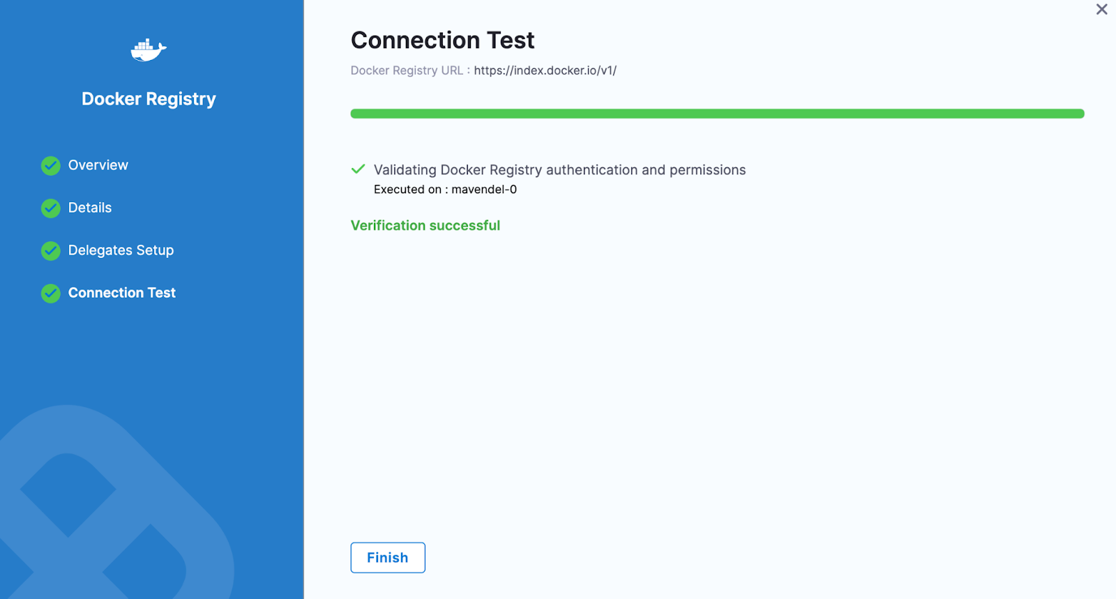 Harness Connection Test screen showing a successful verification for the Docker Registry connector