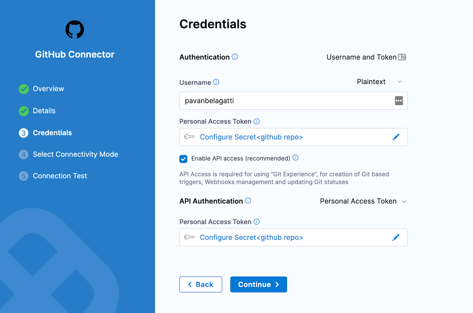 Configuring credentials for the GitHub Connector with username and personal access token secrets in Harness
