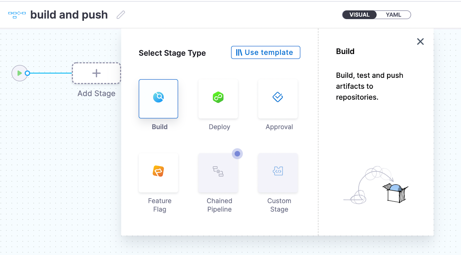 Harness Select Stage Type modal with the Build stage option selected
