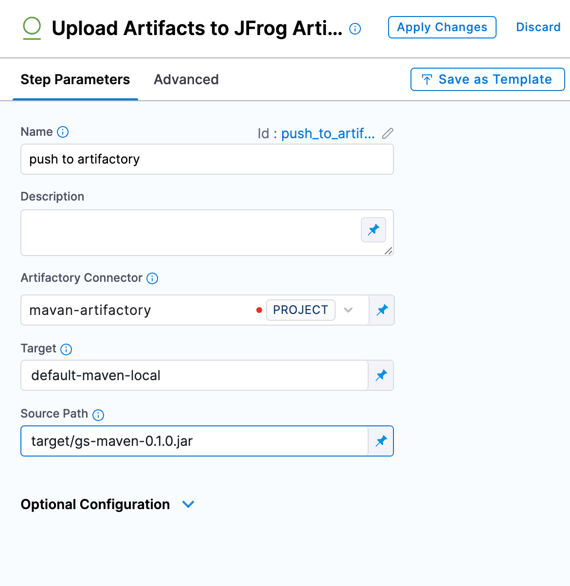 Harness step parameters for uploading artifacts to JFrog Artifactory, showing connector, target, and source path