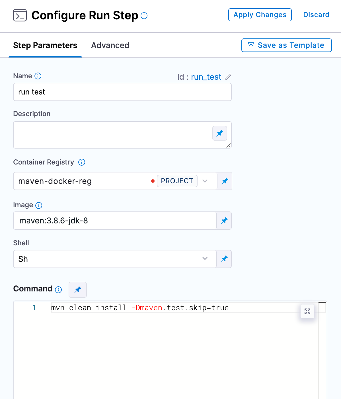 Configure Run Step panel in Harness with maven-docker-reg container registry and a maven clean install command
