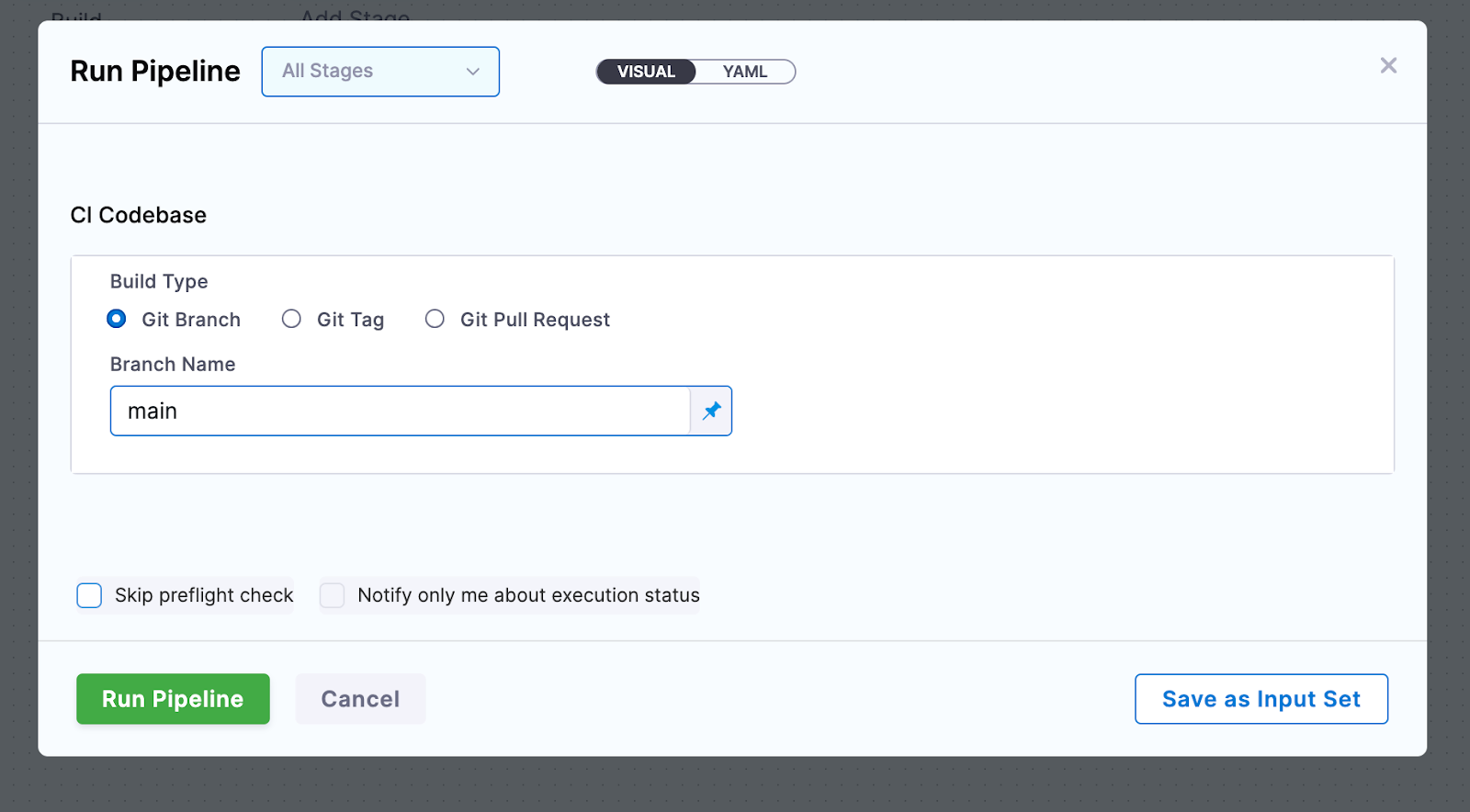 Harness Run Pipeline modal with Git Branch selected and branch name set to main