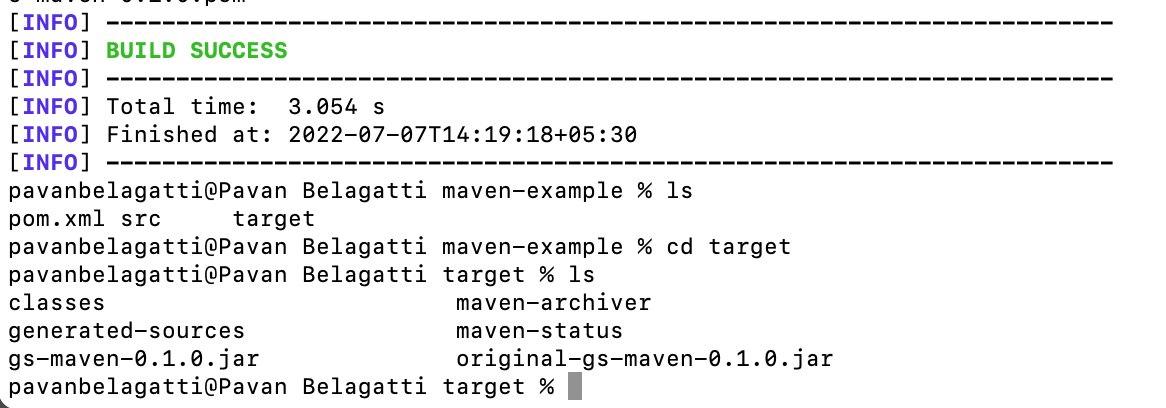 Terminal output showing a successful Maven build and the generated JAR file inside the target directory