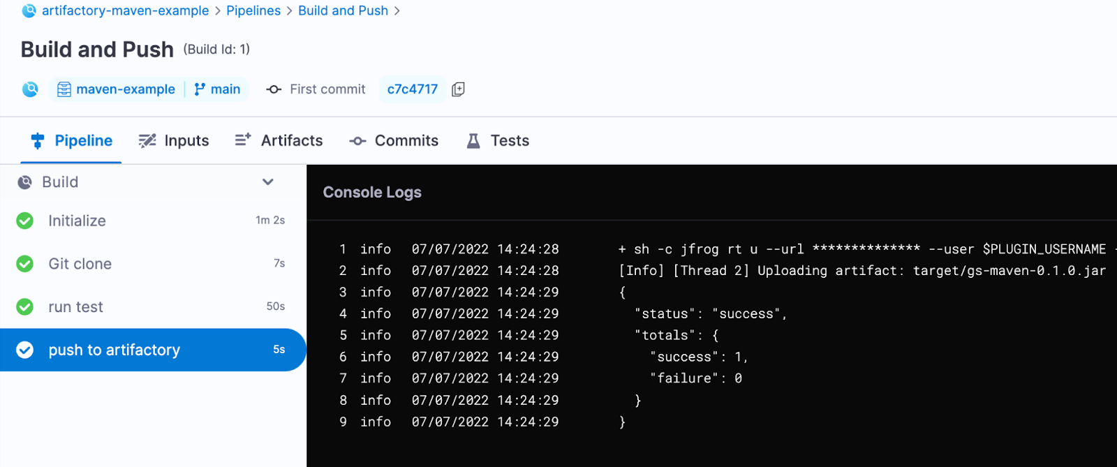 Harness pipeline execution console logs showing a successful artifact upload to JFrog Artifactory