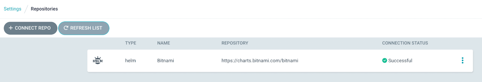 Argo CD Repositories list showing the Bitnami Helm repository with a successful connection status
