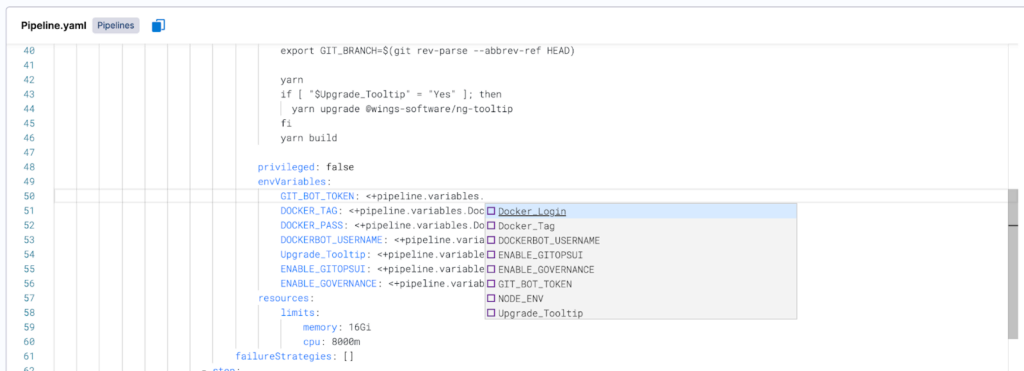 Auto-completion dropdown in the Harness YAML editor displaying pipeline variables starting with pipeline.variables