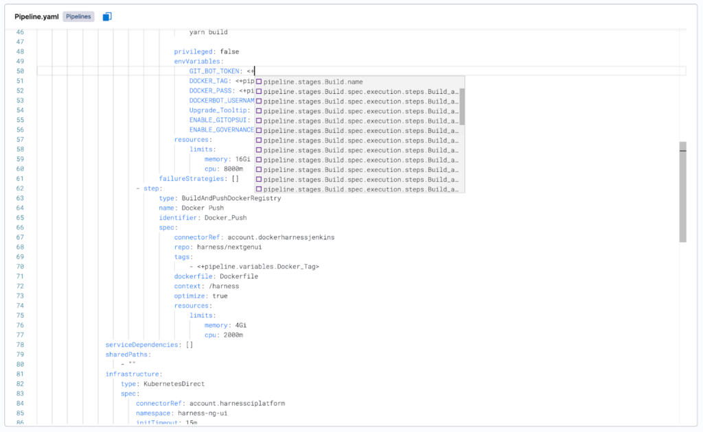 Harness YAML editor showing autocomplete suggestions for pipeline variables in a dropdown menu