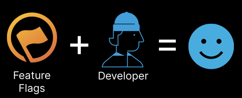 Feature flags plus a developer equals a happy smiley face, representing developer satisfaction.