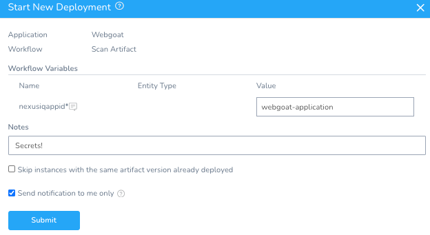 Start New Deployment modal with Webgoat application, Scan Artifact workflow, and nexusiqappid set to webgoat-application