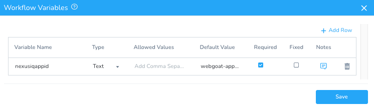 Workflow Variables modal showing the nexusiqappid variable configured as a required text type with a default value