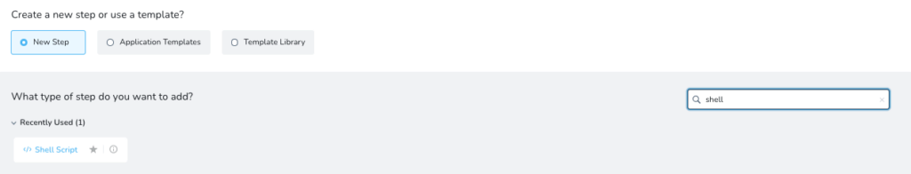 Searching for 'shell' in the Harness Add Step UI to select the Shell Script step type