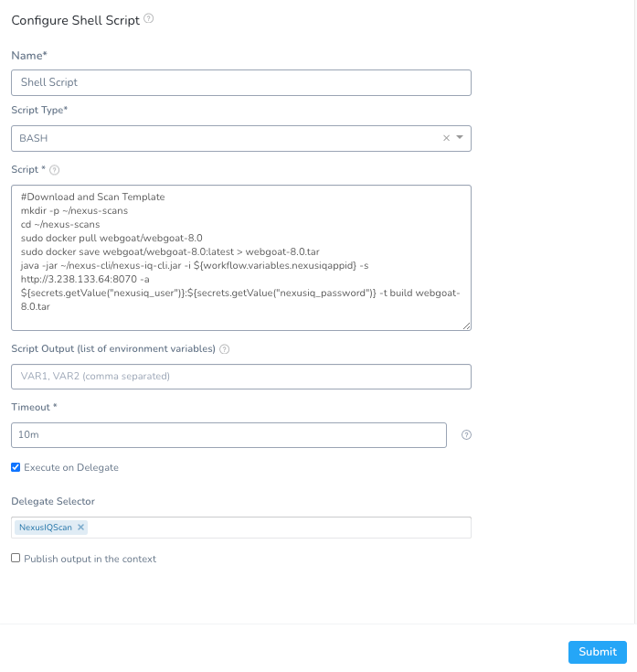 Harness Configure Shell Script UI showing a BASH script to pull and scan a WebGoat Docker image with Nexus IQ