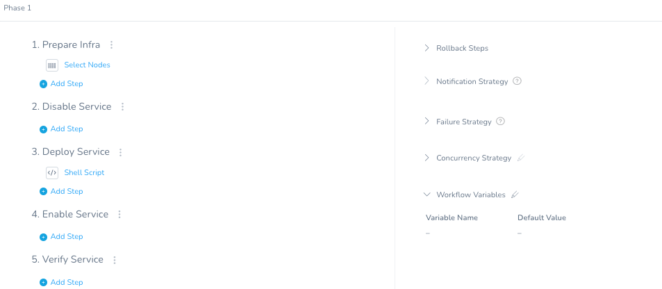 Harness workflow editor UI with Phase 1 steps on the left and the Workflow Variables section expanded on the right