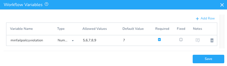 Workflow Variables modal configuring the minfailpoilcyviolation variable with a default value of 7