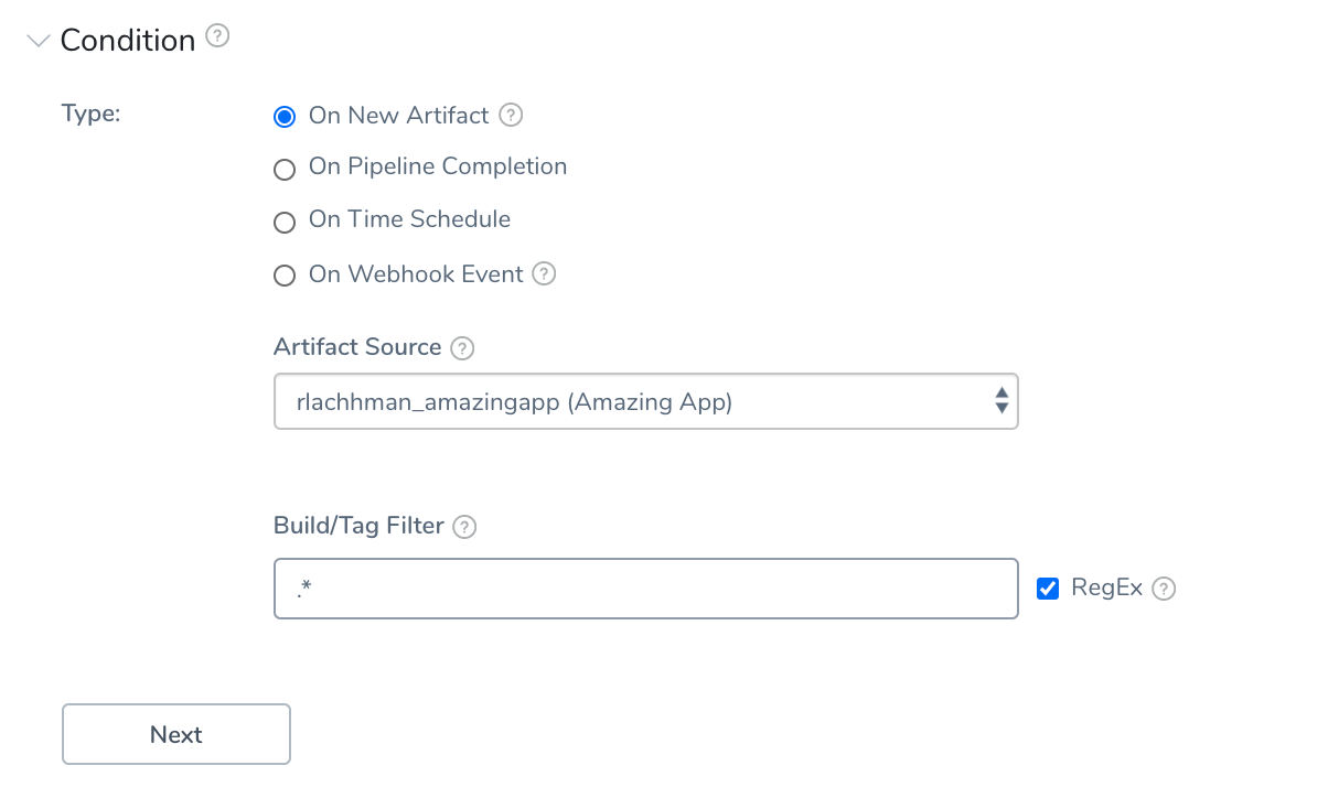 Harness trigger condition screen with On New Artifact selected, Amazing App source, and a regex filter of dot star