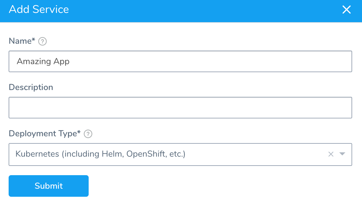 Add Service form with Name set to Amazing App and Deployment Type configured as Kubernetes