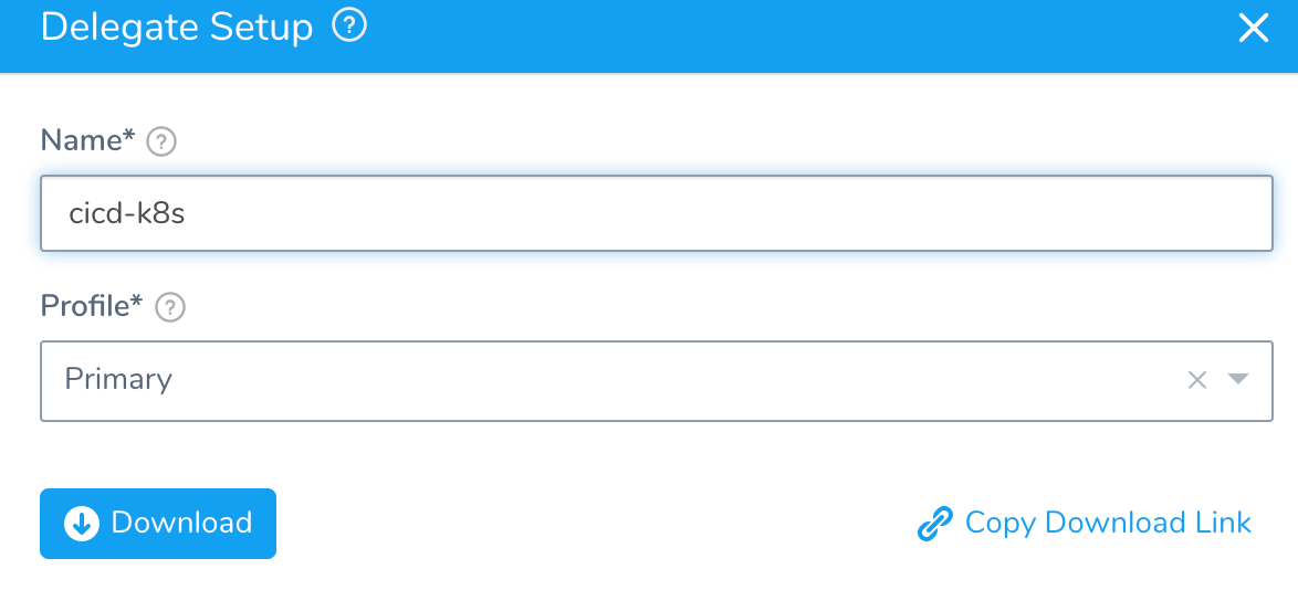 Delegate Setup modal in Harness with the name 'cicd-k8s' and profile 'Primary' filled out, showing the Download button