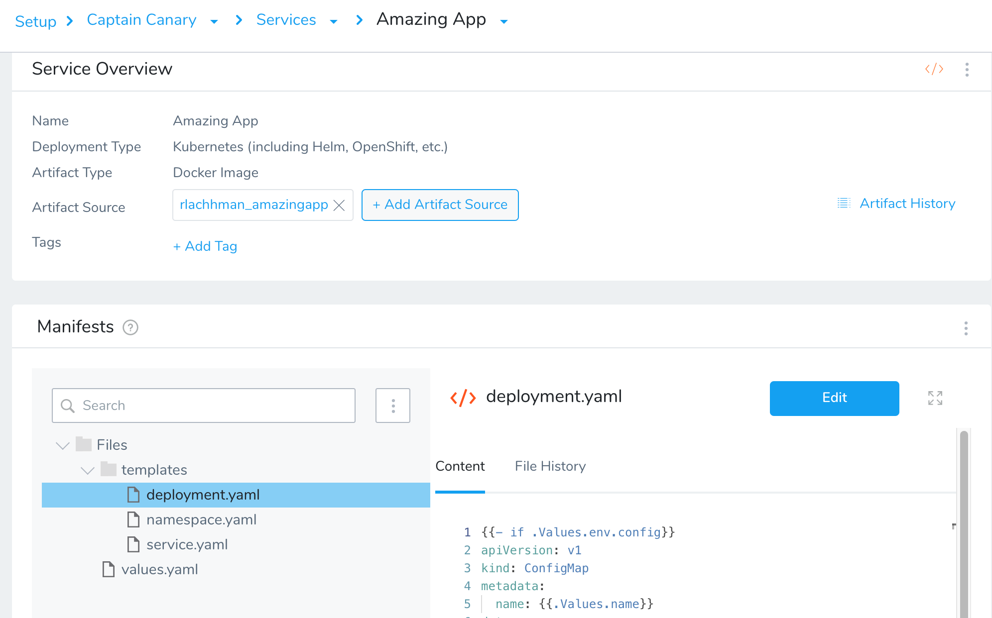 Harness Service Overview for Amazing App with Kubernetes deployment type, Docker artifact source, and manifest files