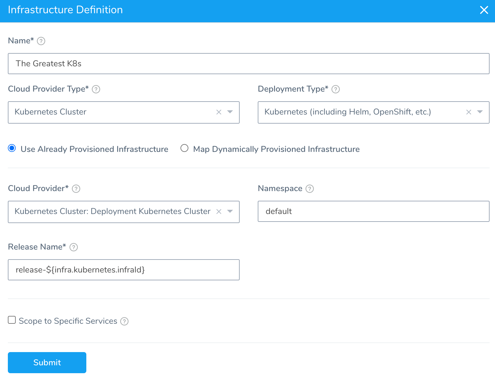 Harness Infrastructure Definition form configured for a Kubernetes cluster named The Greatest K8s