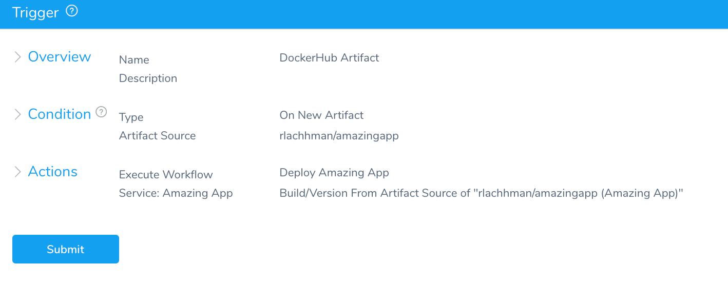 Harness Trigger configuration summary showing DockerHub Artifact condition and Deploy Amazing App workflow action