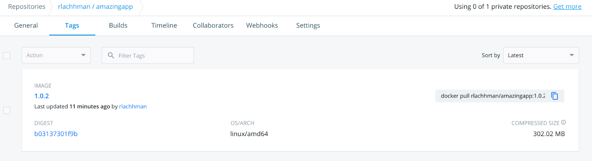 Docker Hub repository showing the newly published image tag 1.0.2 for rlachhman/amazingapp