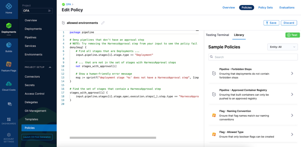 Harness Edit Policy screen showing Rego code for pipeline approvals alongside a library of sample policies