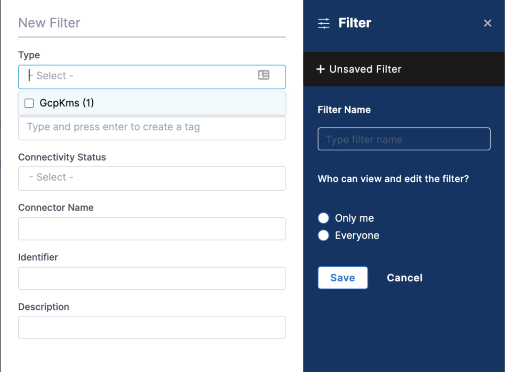 Harness UI showing the New Filter panel with options for Type, Connectivity Status, and filter visibility settings