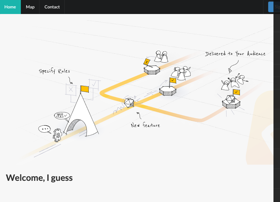 Webpage displaying a feature flag illustration and the default 'Welcome, I guess' message when the flag is off