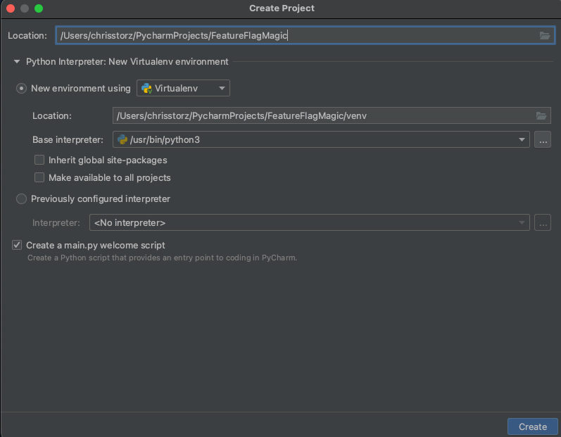 Creating New Project in PyCharm Called FeatureFlagMagic