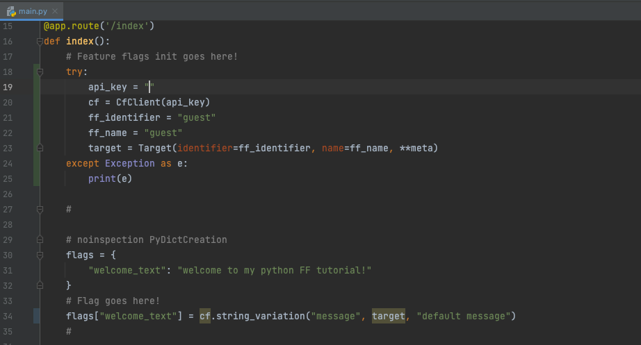 Python code in main.py initializing CfClient with an API key and defining a feature flag string variation