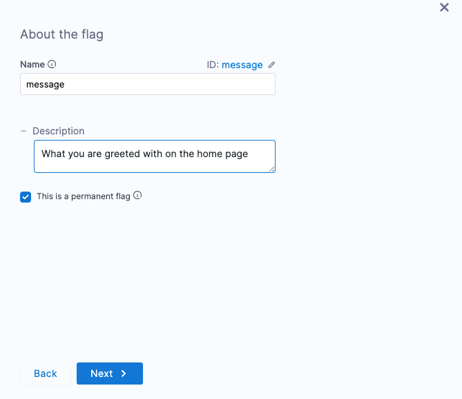 Configuring the About the flag step in Harness with the name message and a description