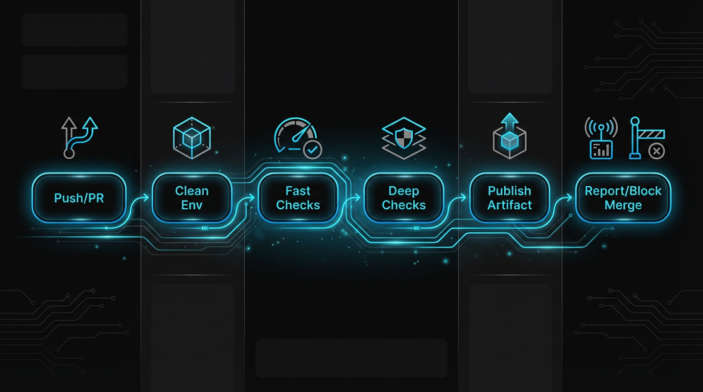 CI testing pipeline flow: Push/PR, Clean Env, Fast Checks, Deep Checks, Publish Artifact, and Report/Block Merge