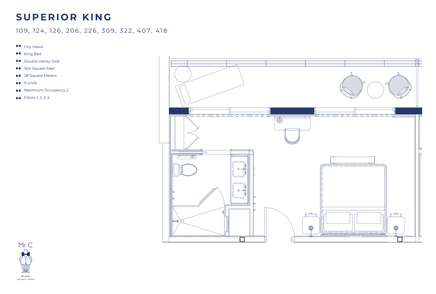 Planta baixa arquitetônica para a categoria de quarto 'Superior King' no Mr. C Miami – Coconut Grove, um hotel de luxo.