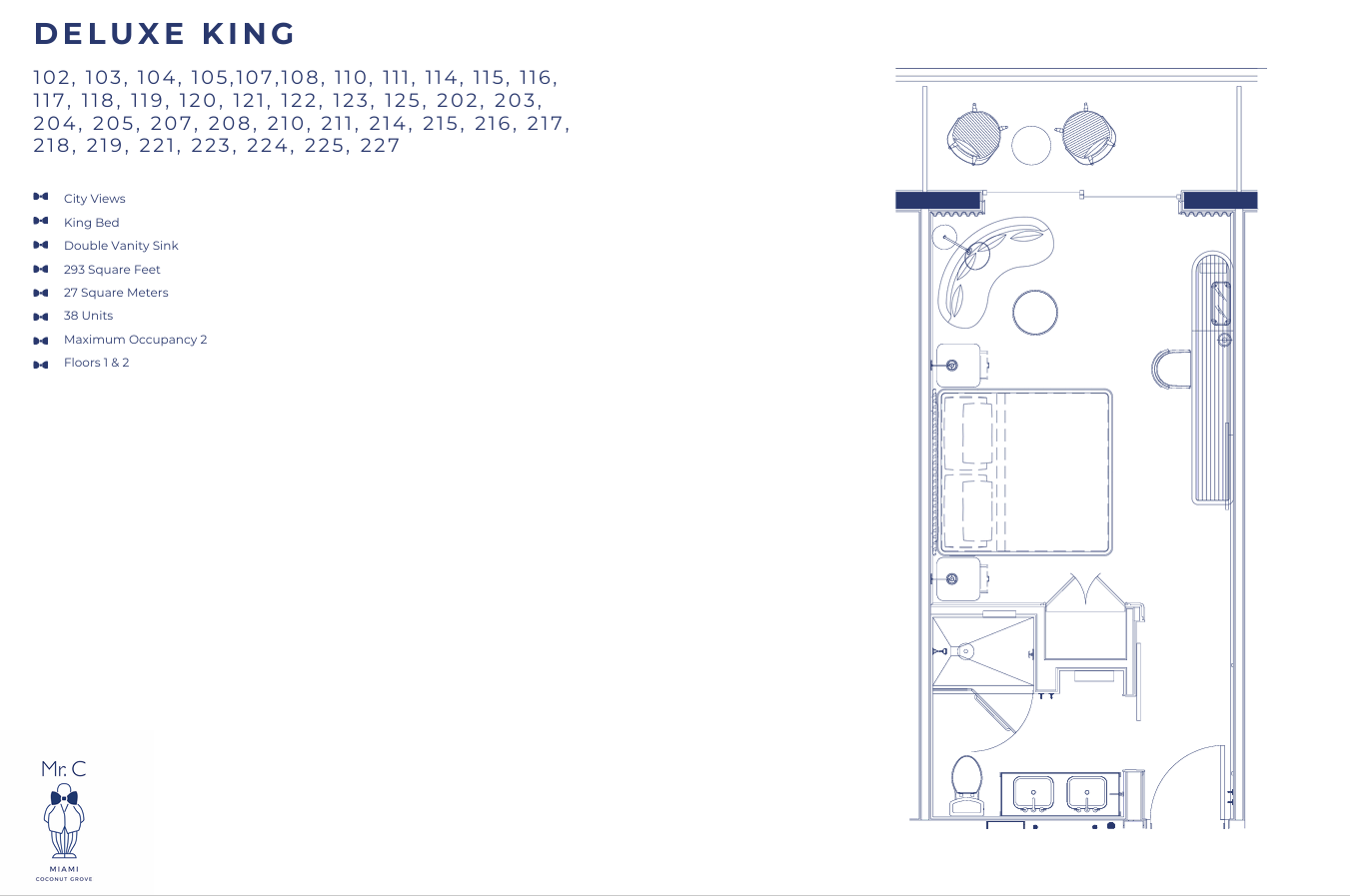 Planta baixa da categoria de quarto "Deluxe King" no Mr. C Miami – Coconut Grove, um hotel de luxo em Miami.