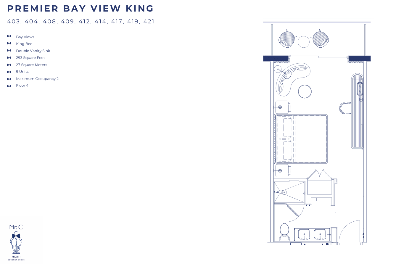 Planta baixa arquitetônica para o quarto 'Premier Bay View King' no Mr. C Miami – Coconut Grove, um hotel de luxo.