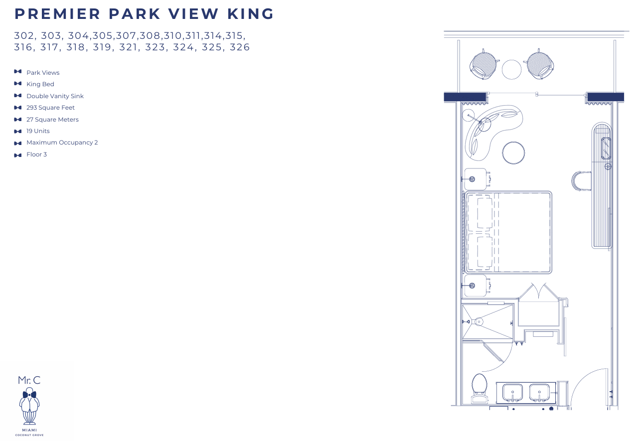 Planta baixa arquitetônica detalhada do quarto Premier Park View King no hotel Mr. C Miami – Coconut Grove.