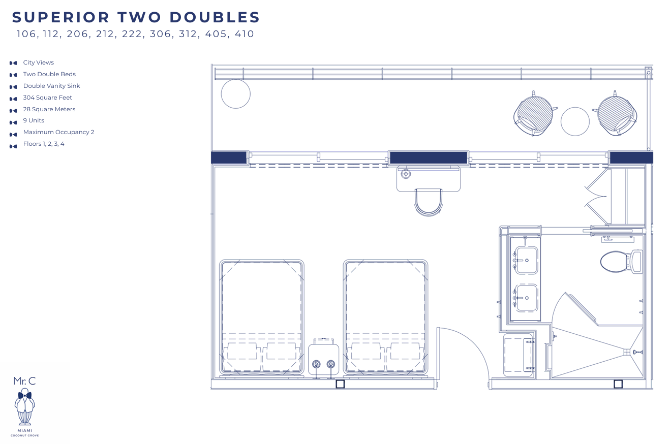 Planta baixa da categoria de quarto "Superior Two Doubles" no Mr. C Miami – Coconut Grove, um hotel de luxo.