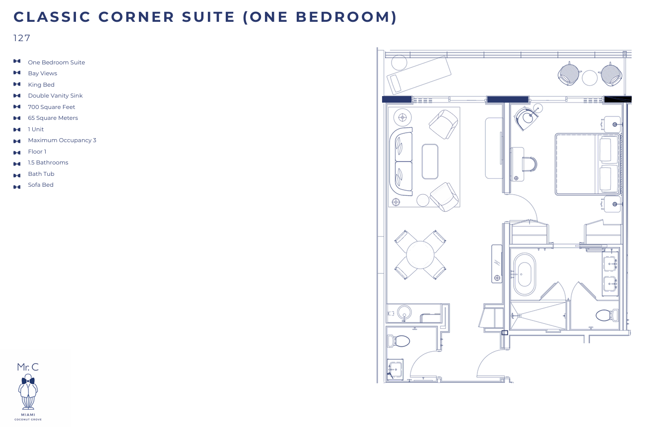 Planta baixa arquitetônica da categoria "Classic Corner Suite" no Mr. C Miami – Coconut Grove, um hotel de luxo em Miami.