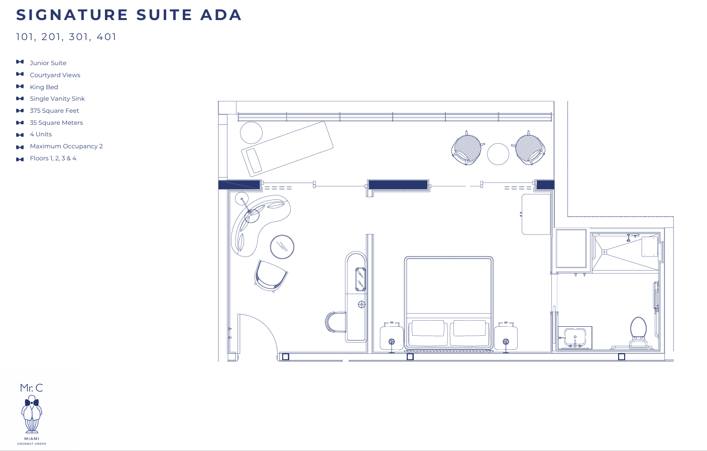 Planta baixa arquitetônica para a suíte 'Signature Suite ADA' no Mr. C Miami – Coconut Grove, um hotel de luxo.