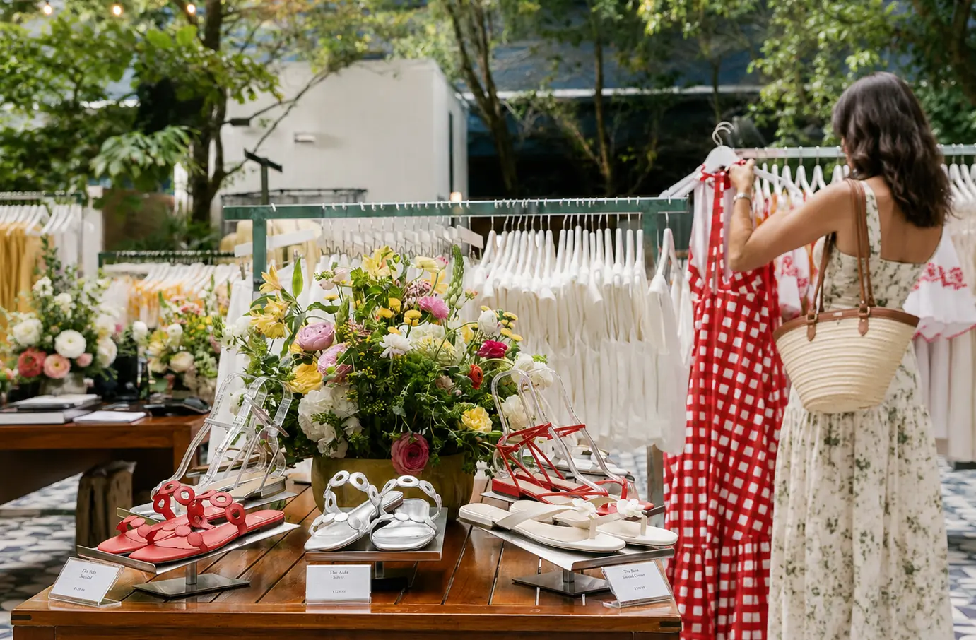 Woman holding a red checkered dress near a rack of white clothes and sandals on a table with flowers.