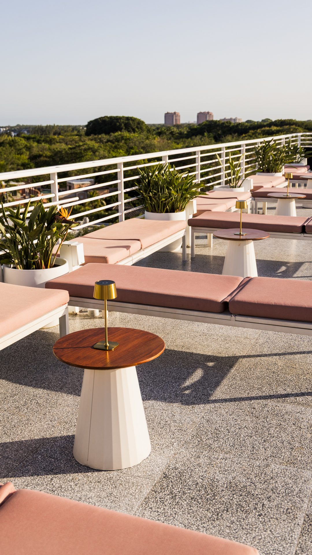 Sedie a sdraio rosa a bordo piscina e lampade da tavolo in ottone sulla terrazza panoramica del Mr C Coconut Grove, hotel di lusso nel sud della Florida