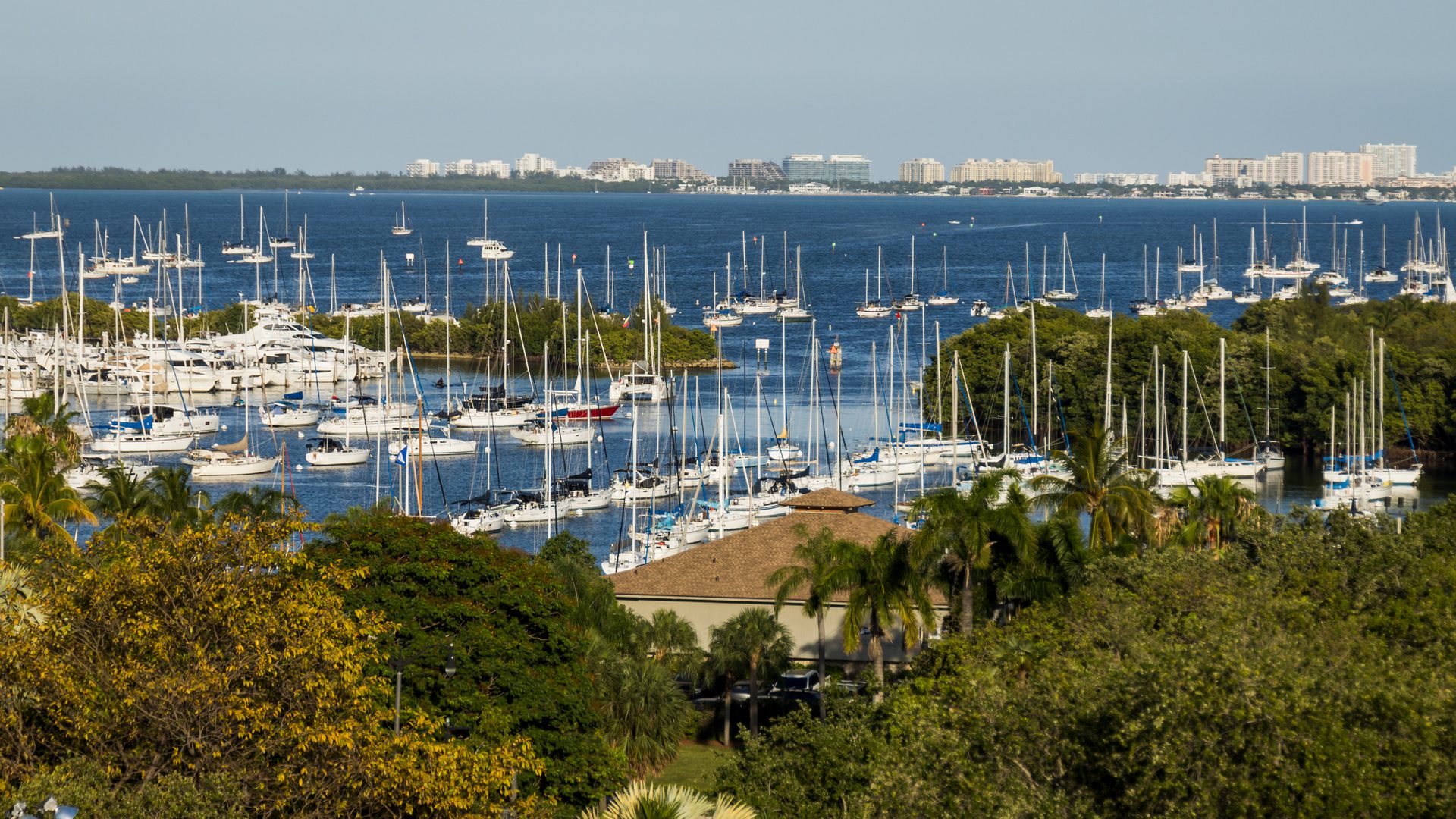 Barche a vela all'ancora nella baia con lo skyline di Miami in lontananza, viste dal Mr. C Coconut Grove, hotel di lusso a Miami